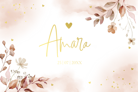 Geboortekaartje bloemen roze beige met goudfolie