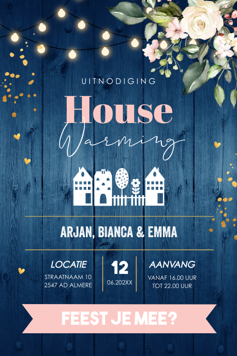 Housewarming uitnodiging blauw hout lampjes bloemen