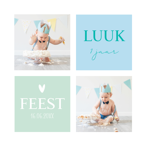 Uitnodiging kinderfeestje jongen 1 jaar blauw groen eigen foto