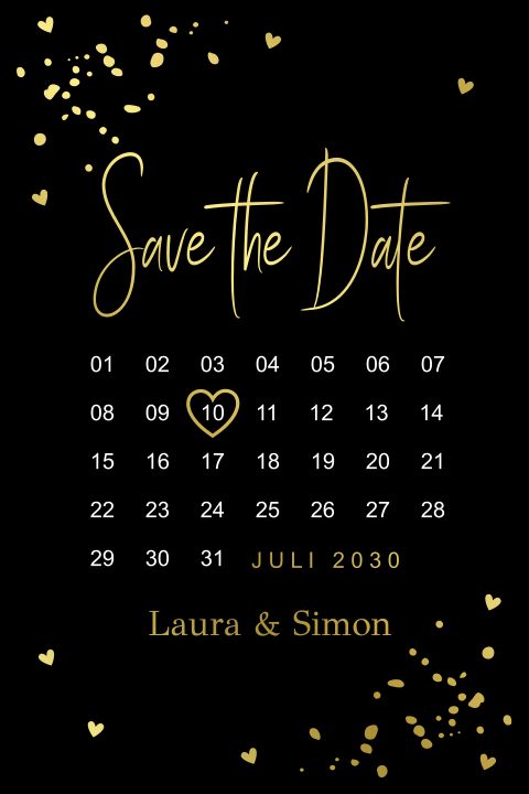 Save the Date uitnodiging zwart kalender goudfolie