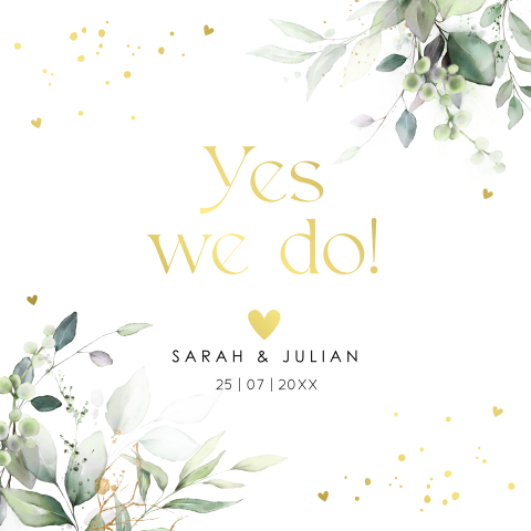 Trouwkaart wit met groene botanisch bladeren en goudfolie