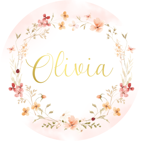 Stickers communie rond bloemen roze naam goudfolie