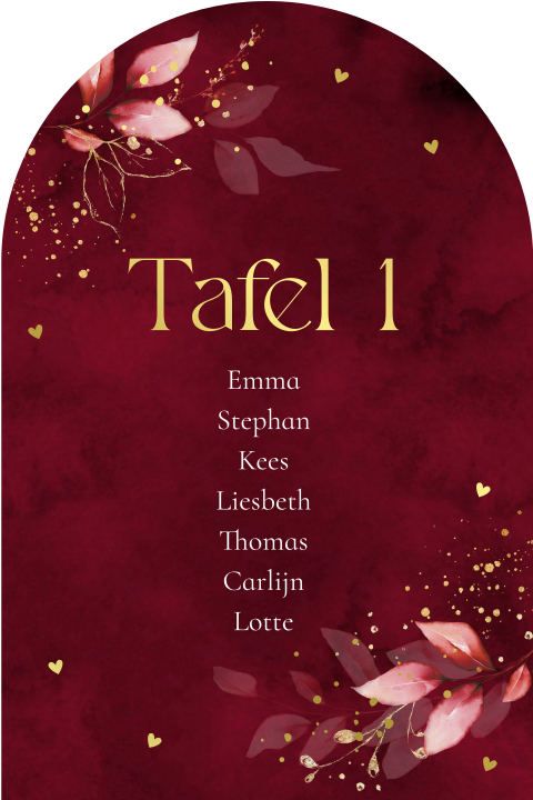 Tafelkaart huwelijk rood botanisch goudfolie