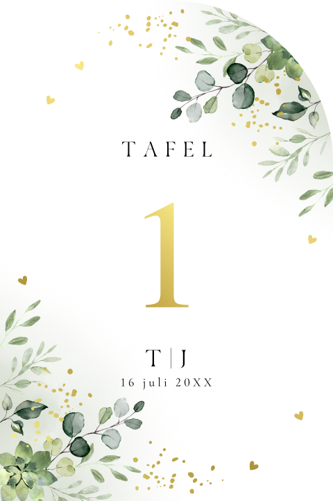 Tafelnummers botanisch groen goudfolie boog vorm (95x143mm)