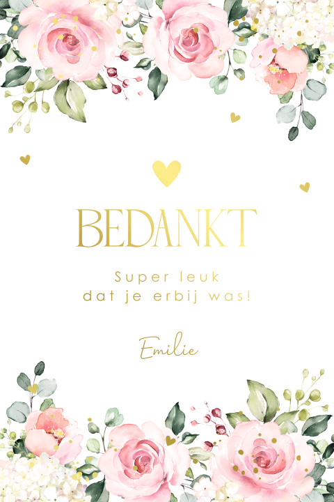 Bedankkaart communie meisje bloemen roze goudfolie