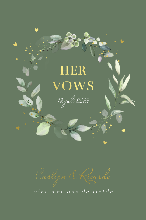 Geloftenkaart huwelijk groen krans bladeren goudfolie