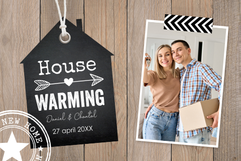 Housewarming party uitnodiging hout huisje foto