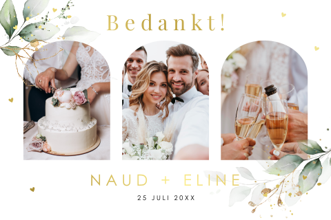 Bedankkaart fotocollage botanisch bladeren goudfolie