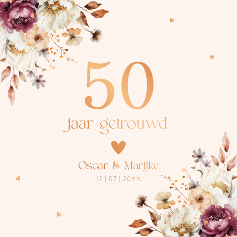 Jubileum uitnodiging 50 jaar getrouwd bloemen aubergine koperfolie
