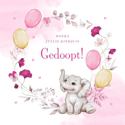 Felicitatie kaart doop meisje olifantje bloemen ballonnen roze
