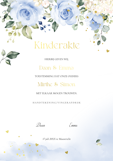 Kinderakte huwelijk bloemen blauw botanisch goudfolie