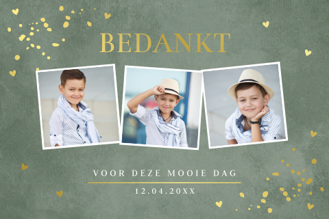 Bedankkaart communie groen fotocollage jongen goudfolie