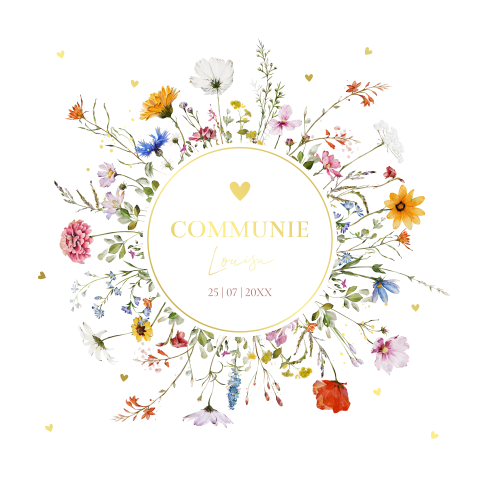 Communie uitnodiging meisje wit zomerse bloemen krans goudfolie