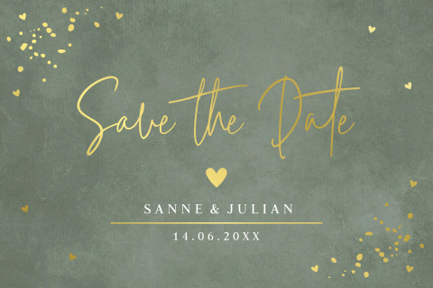 Save the Date kaart rechthoekig groen hartjes goudfolie