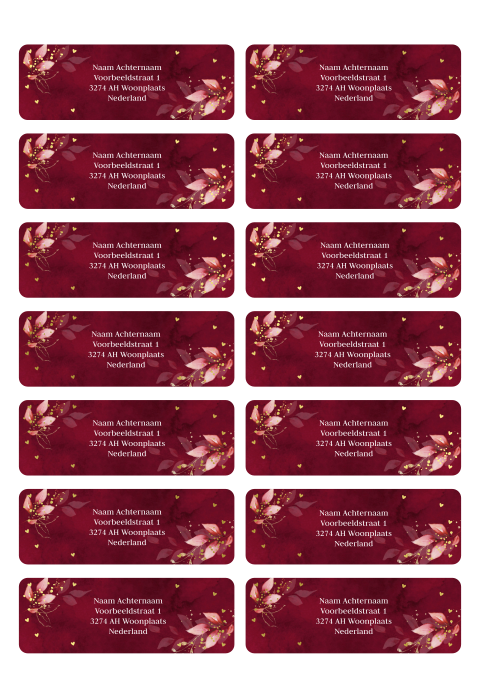 Adresstickers huwelijk rood botanisch goudfolie | 14 stuks 97X34 mm