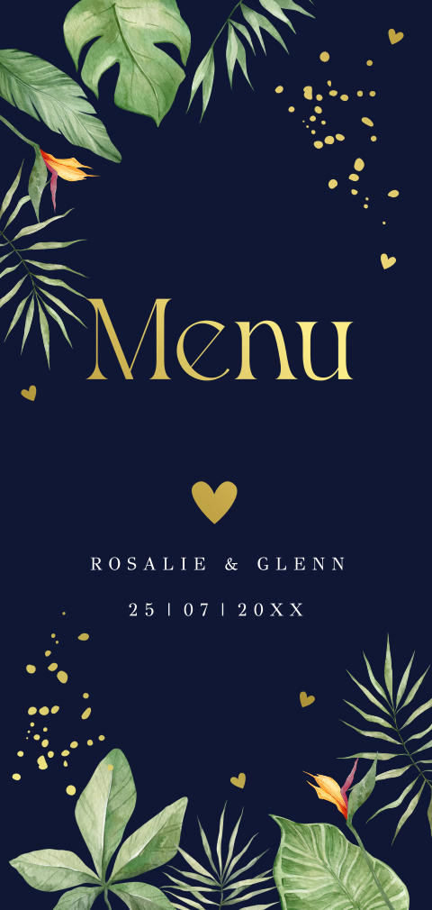 Menukaart tropisch groen bladeren goudfolie