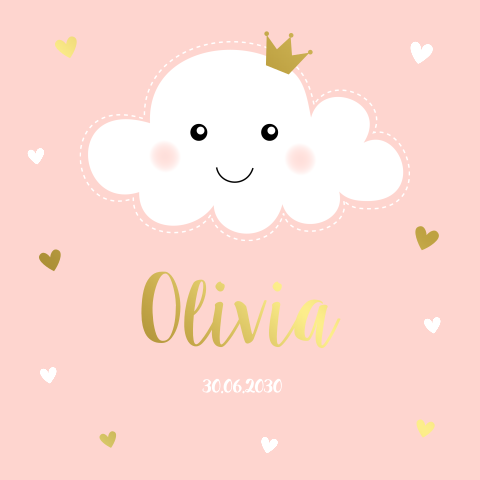 Geboortekaartje meisje wolkje roze goudfolie