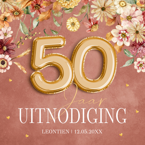 Uitnodiging verjaardag 50 jaar vrouw bloemen ballonnen terracotta