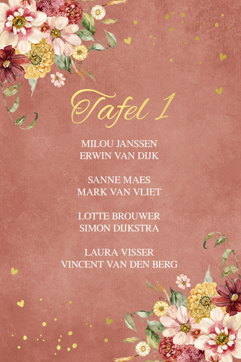 Tafelkaart terracotta roze watercolour bloemen chic autumn