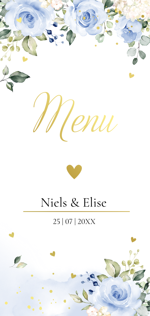 Menukaart huwelijk watercolour bloemen blauw goudfolie