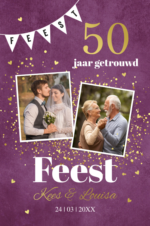 Jubileum uitnodiging huwelijk paars 50 jaar getrouwd foto goudfolie
