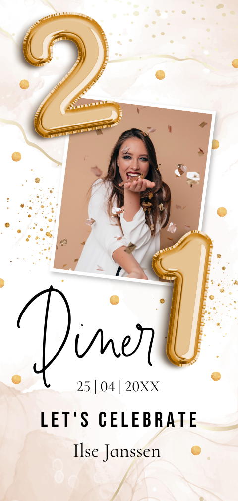 Uitnodiging 21 diner verjaardag vrouw foto beige