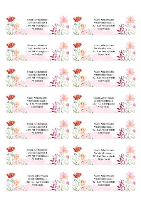 Adressticker bloemen waterverf roze rood | 14 stuks 97X34 mm