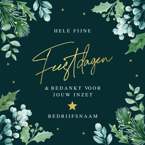 Zakelijke kerstkaart medewerkers botanisch groen kersttakjes goudfolie
