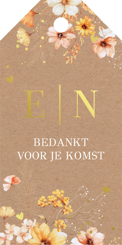 Bruiloft labeltje bloemen geel oranje goudfolie | 18 stuks