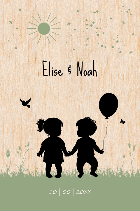 Geboortekaartje tweeling silhouet jongen meisje echt hout