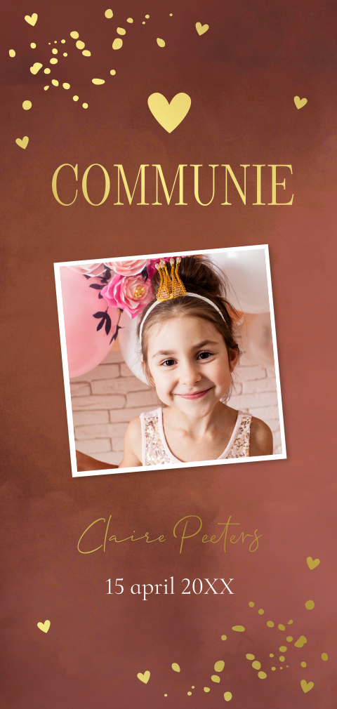Communie uitnodiging meisje langwerpig roestbruin foto goudfolie