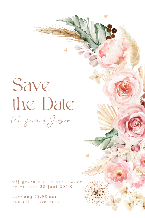 Save the Date kaart bohemian boho bloemen beige roze