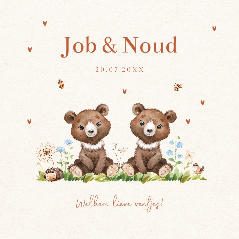 Geboortekaartje tweeling beertjes jongens bloemen beige