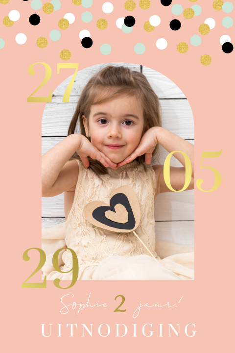 Uitnodiging kinderfeestje meisje foto boog confetti goudfolie roze