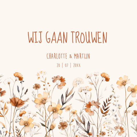 Romantische trouwkaart beige veldbloemen