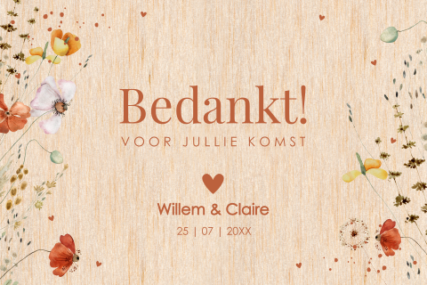 Bedankkaart huwelijk veldbloemen rood houtlook