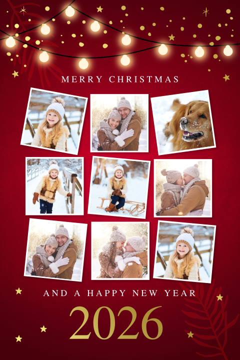 Kerstkaart rood fotocollage lampjes goudfolie