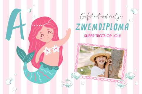 Felicitatie kaart zwemdiploma A meisje zeemeermin