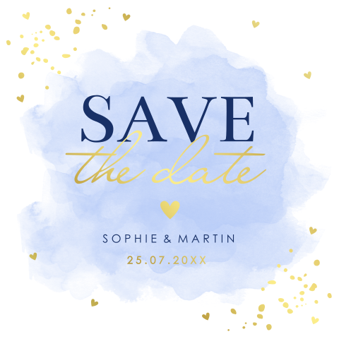 Save the Date kaart watercolour blauw goudfolie