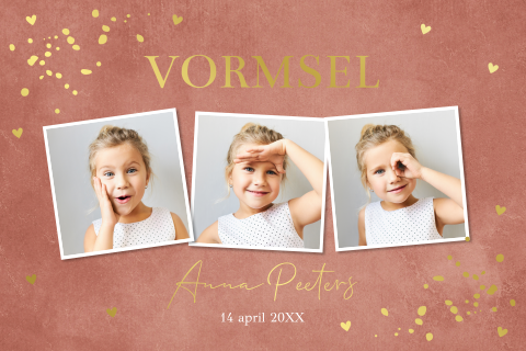 Uitnodiging vormsel meisje fotocollage roze goudfolie
