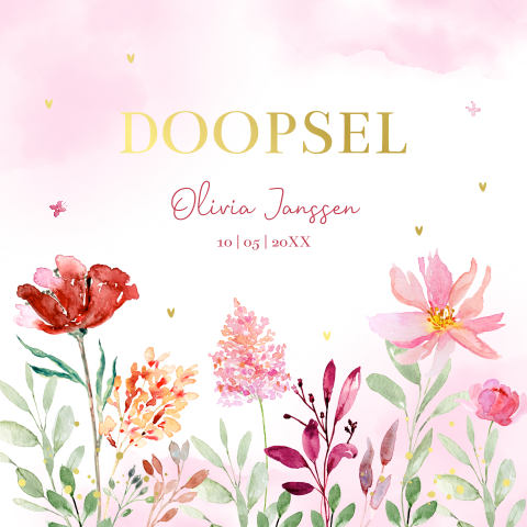 Doopkaart meisje roze bloemen goudfolie