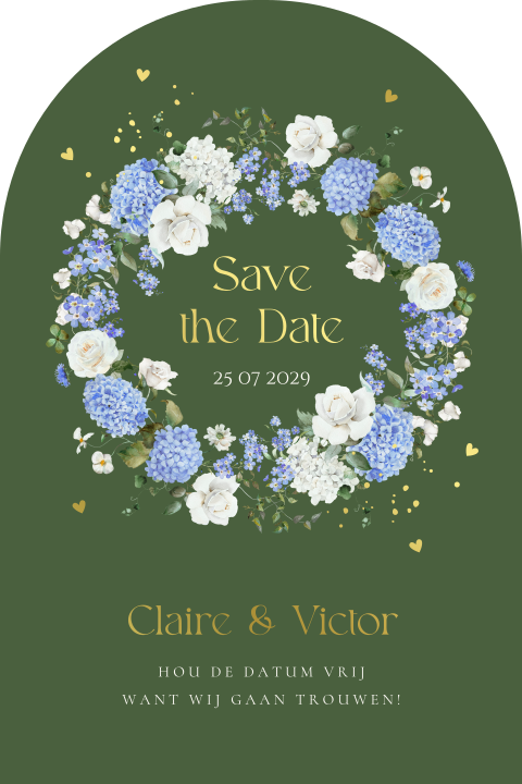 Save the Date kaart bloemen groen blauw hortensia landelijk goudfolie