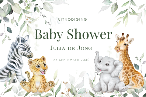Uitnodiging babyshower watercolour dieren safari