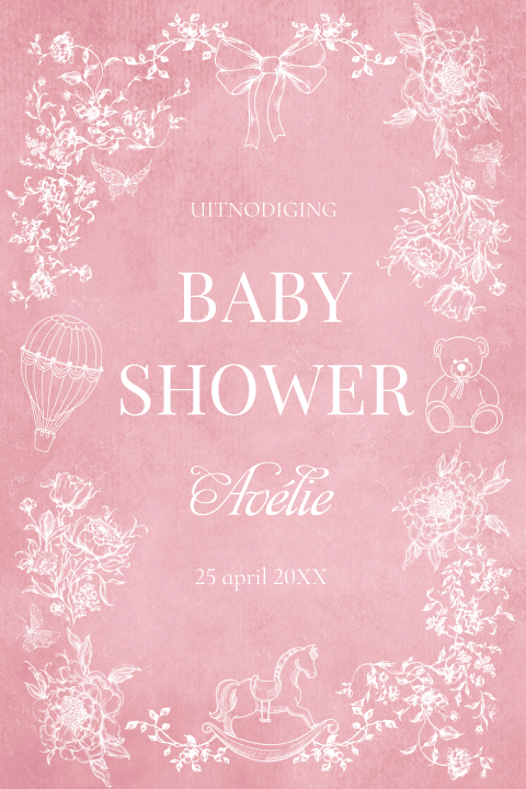 Babyshower uitnodiging roze floral baby figuurtjes