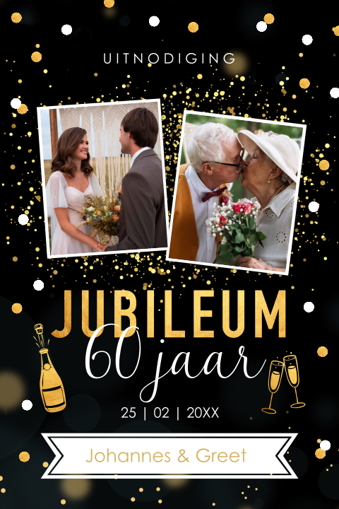 Jubileum uitnodiging 60 jaar getrouwd foto zwart goud confetti