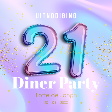 Uitnodiging 21 diner party vrouw holografisch paars goudfolie