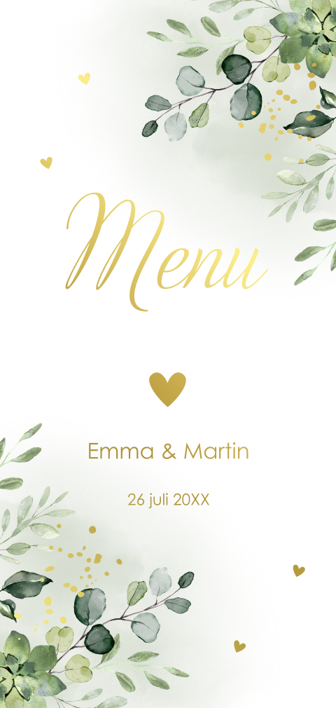 Menukaart huwelijk langwerpig wit groen botanisch goudfolie
