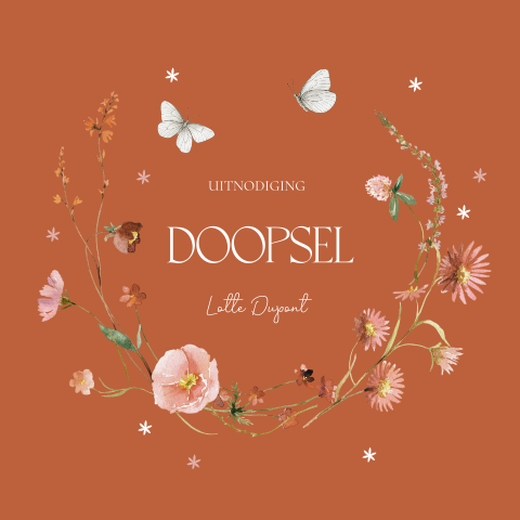 Doopkaart meisje waterverf bloemenkrans roestbruin