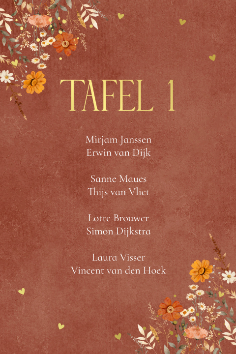 Tafelkaart huwelijk bruiloft roodbruin bloemen goudfolie