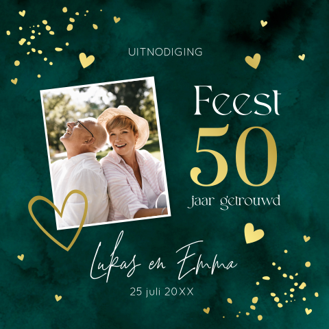 Uitnodiging jubileum huwelijk 50 jaar getrouwd groen foto goudfolie
